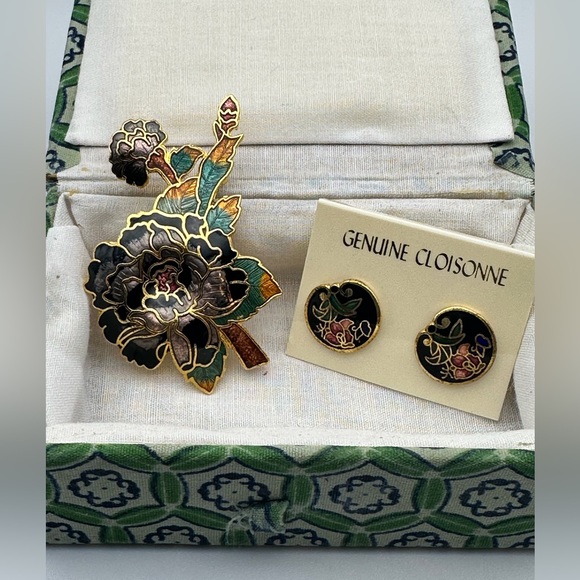 Vintage Cloisonné Brooch and Earrings - Picture 1 of 7